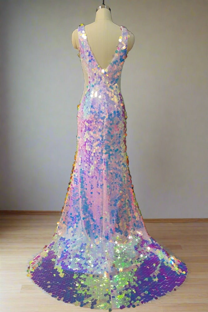 Iridescent V-Neck Sequin Cutout Mermaid Prom Dress