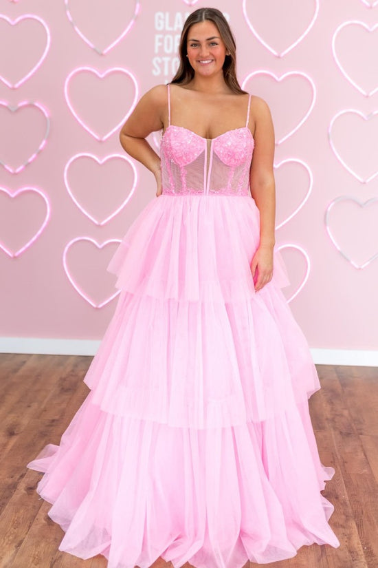 Pink Straps Applique Beading Tiered Tulle Prom Dress