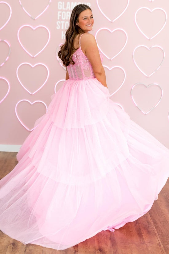 Pink Straps Applique Beading Tiered Tulle Prom Dress