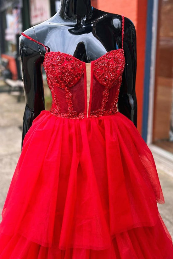 Red Straps Applique Beading Tiered Tulle Prom Dress