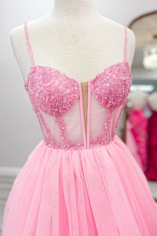 Pink Straps Applique Beading Tiered Tulle Prom Dress