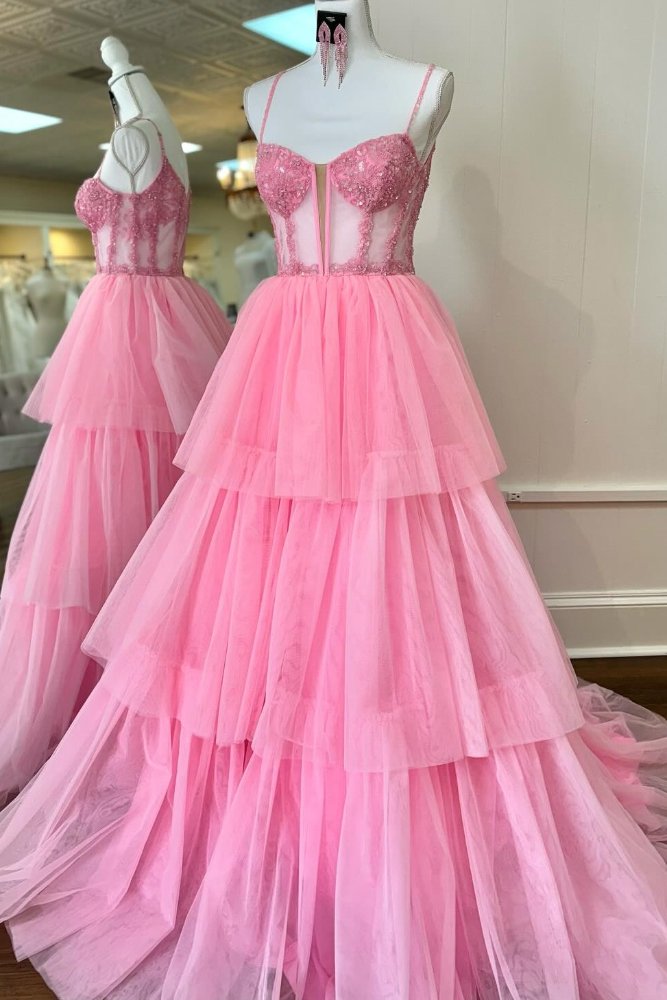 Pink Straps Applique Beading Tiered Tulle Prom Dress