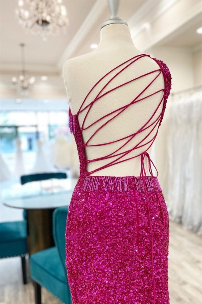 Hot Pink Asymmetrical One Shoulder Homecoming Dress with Tassel