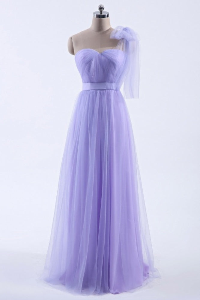 Lavender One Shoulder Bridesmaid Dress with Tulle Bow