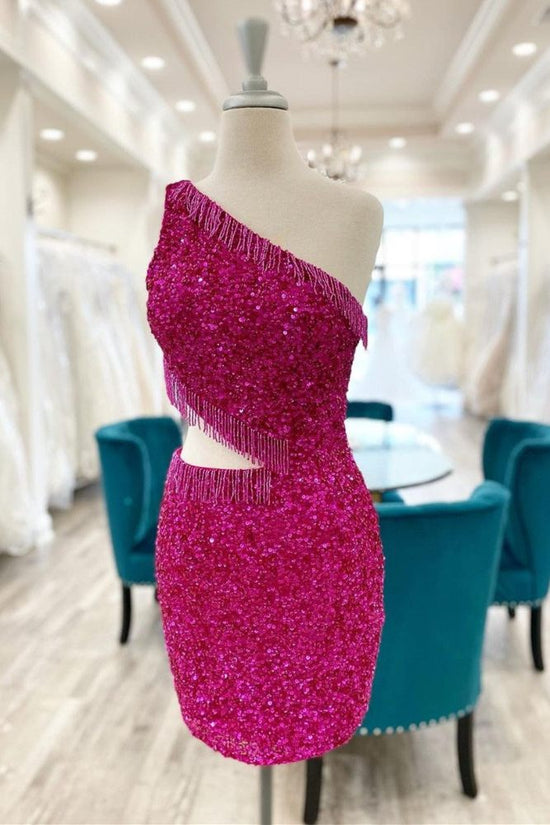 Hot Pink Asymmetrical One Shoulder Homecoming Dress with Tassel Movousdress Hot Pink Asymmetrical One Shoulder Homecoming Dress with Tassel Movousdress