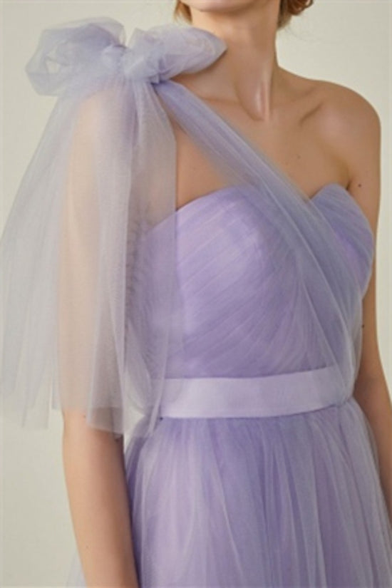 Lavender One Shoulder Bridesmaid Dress with Tulle Bow