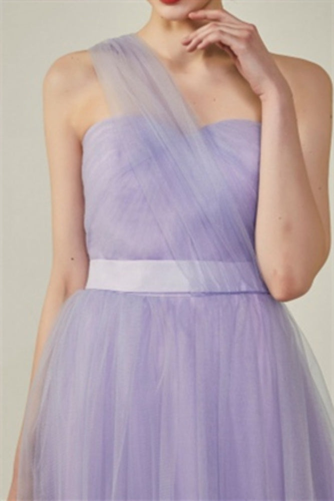 Lavender One Shoulder Bridesmaid Dress with Tulle Bow