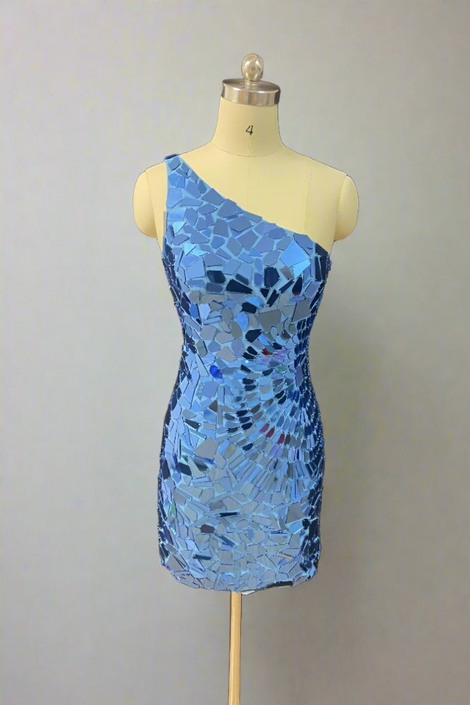 Blue One Shoulder Mirror-cut Sequin Homecoming Dress