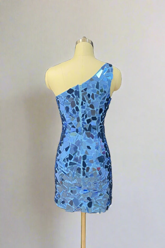 Blue One Shoulder Mirror-cut Sequin Homecoming Dress