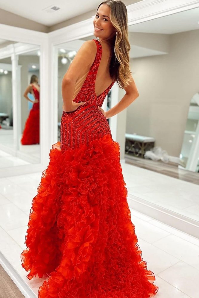 Red V-Neck Sequin Floral Mermaid Prom Dress with Slit