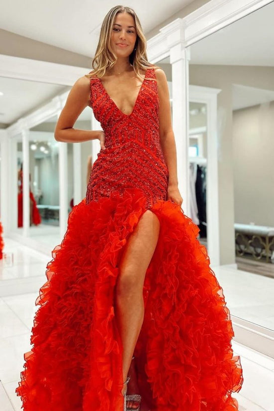 Red V-Neck Sequin Floral Mermaid Prom Dress with Slit