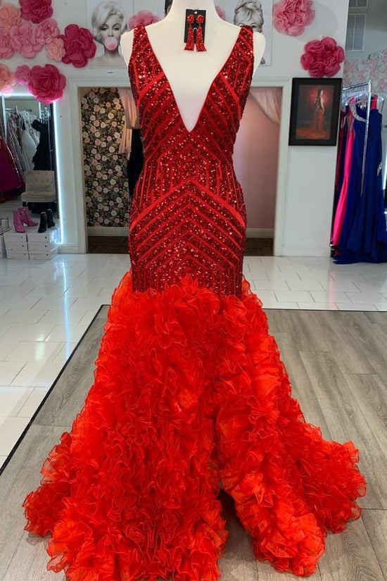 Red V-Neck Sequin Floral Mermaid Prom Dress with Slit