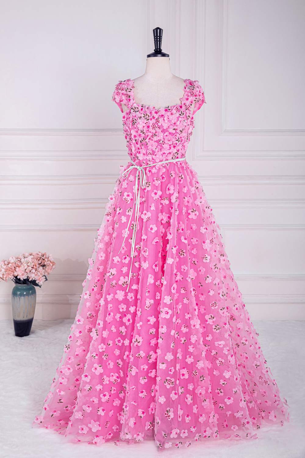 Pink Cap Sleeves  3D Floral A-line Slit Long Prom Dress