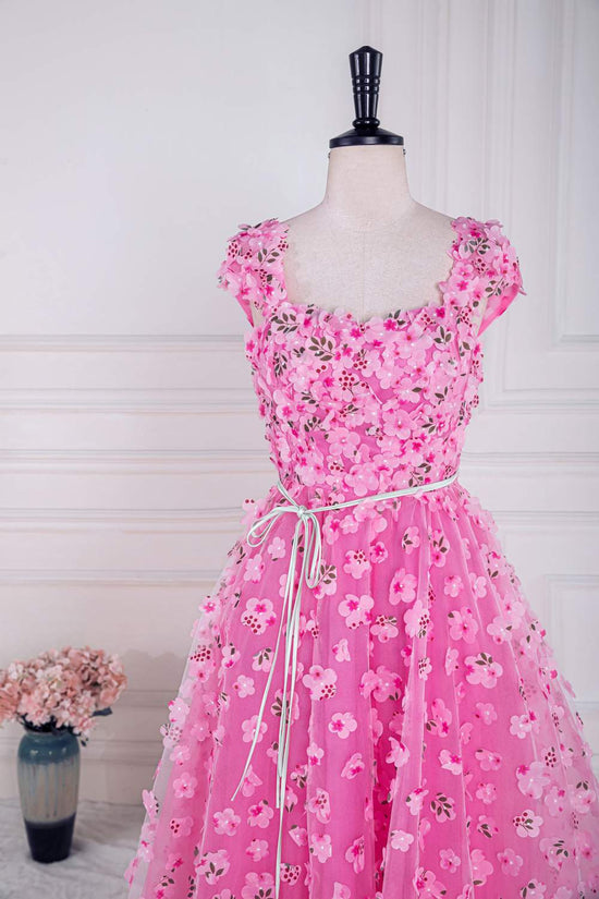 Pink Cap Sleeves  3D Floral A-line Slit Long Prom Dress