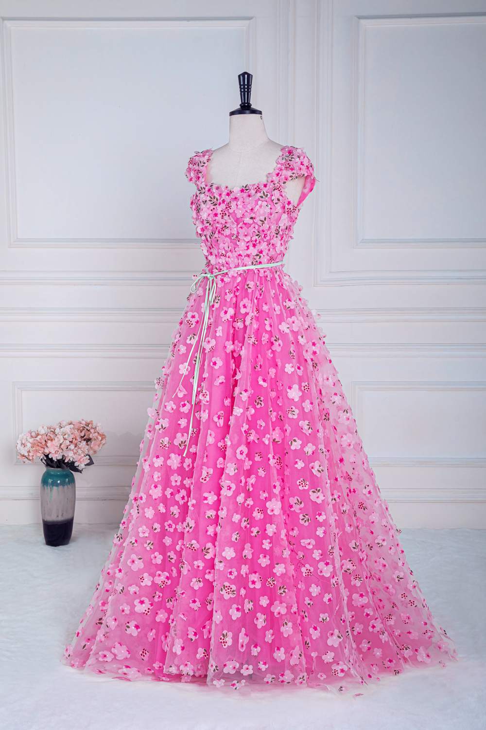 Pink Cap Sleeves  3D Floral A-line Slit Long Prom Dress