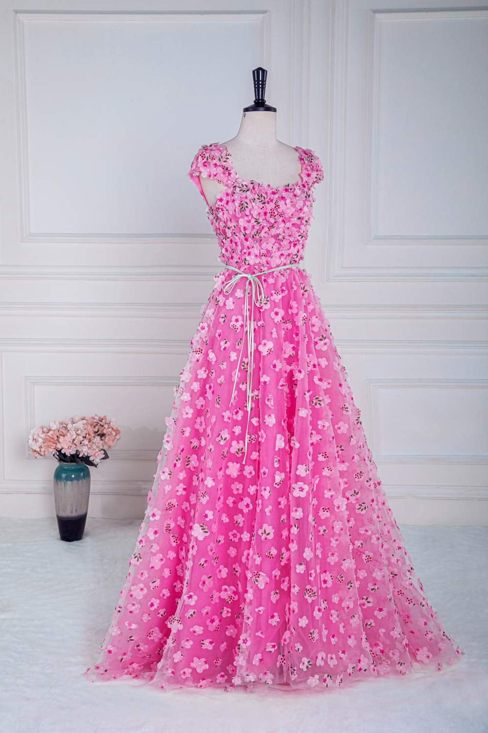 Pink Cap Sleeves  3D Floral A-line Slit Long Prom Dress