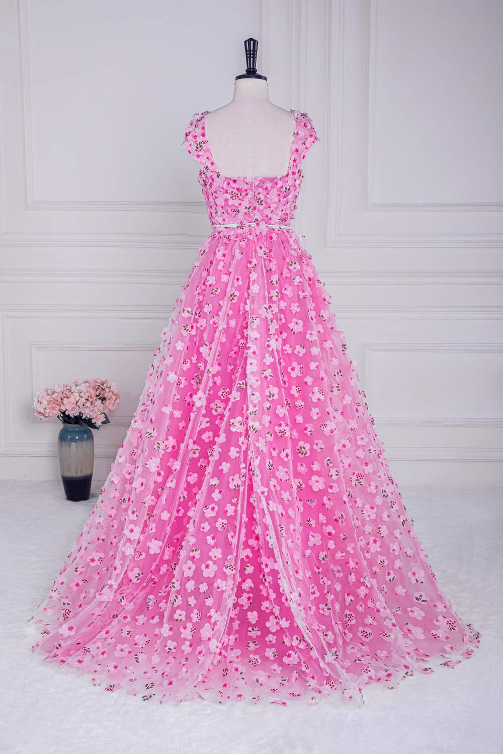 Pink Cap Sleeves  3D Floral A-line Slit Long Prom Dress