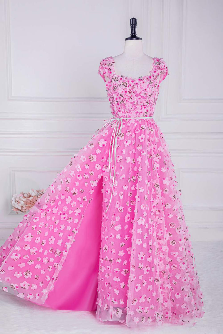 Pink Cap Sleeves  3D Floral A-line Slit Long Prom Dress