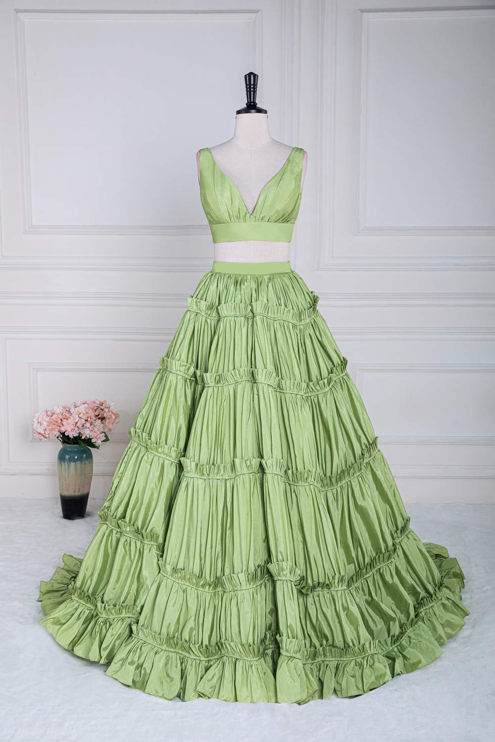 Two-Piece Green V-Neck Ruffle A-line Long Prom Dress