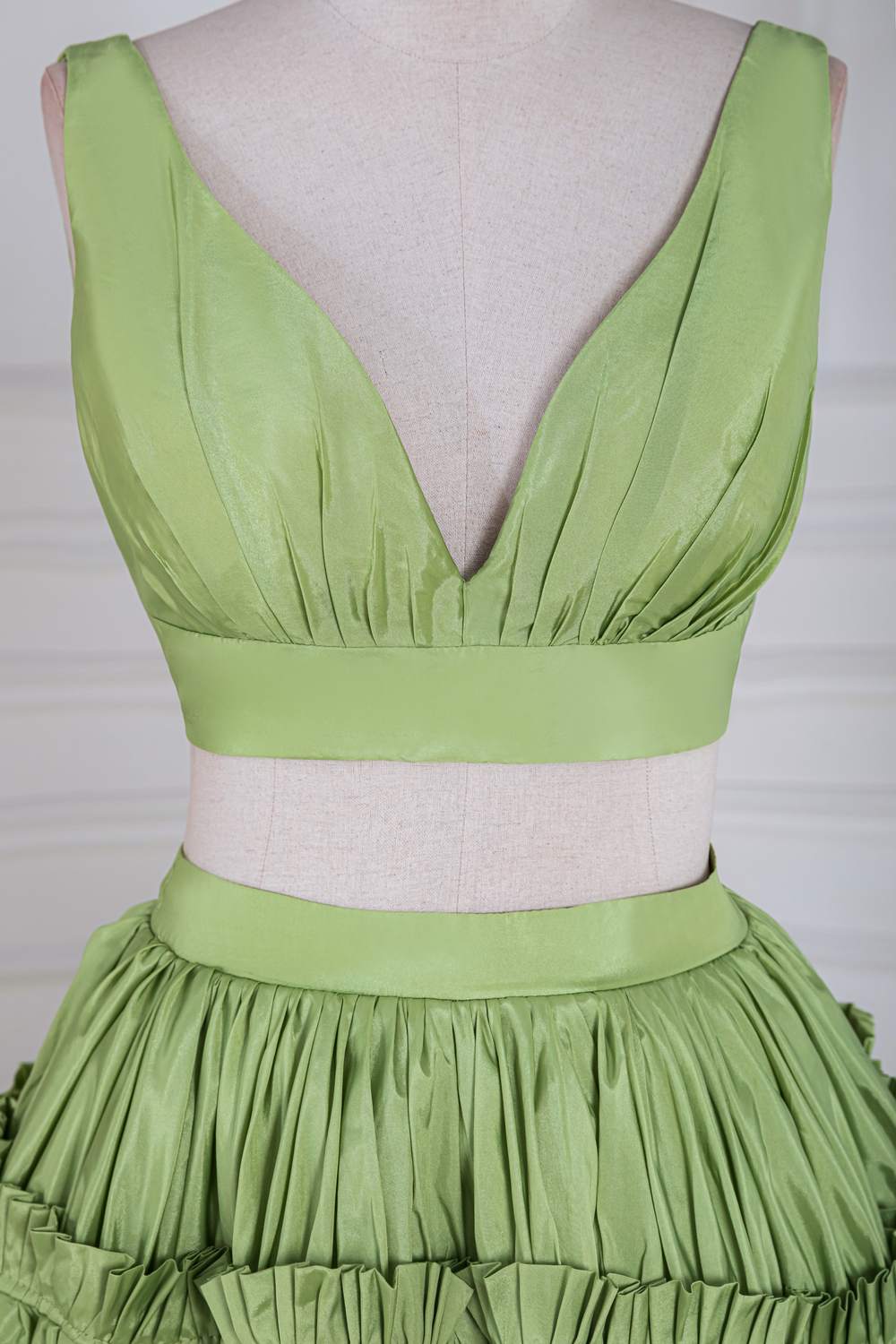 Two-Piece Green V-Neck Ruffle A-line Long Prom Dress