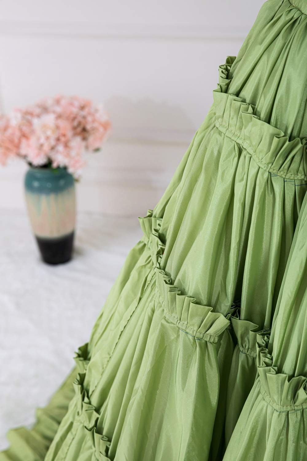 Two-Piece Green V-Neck Ruffle A-line Long Prom Dress