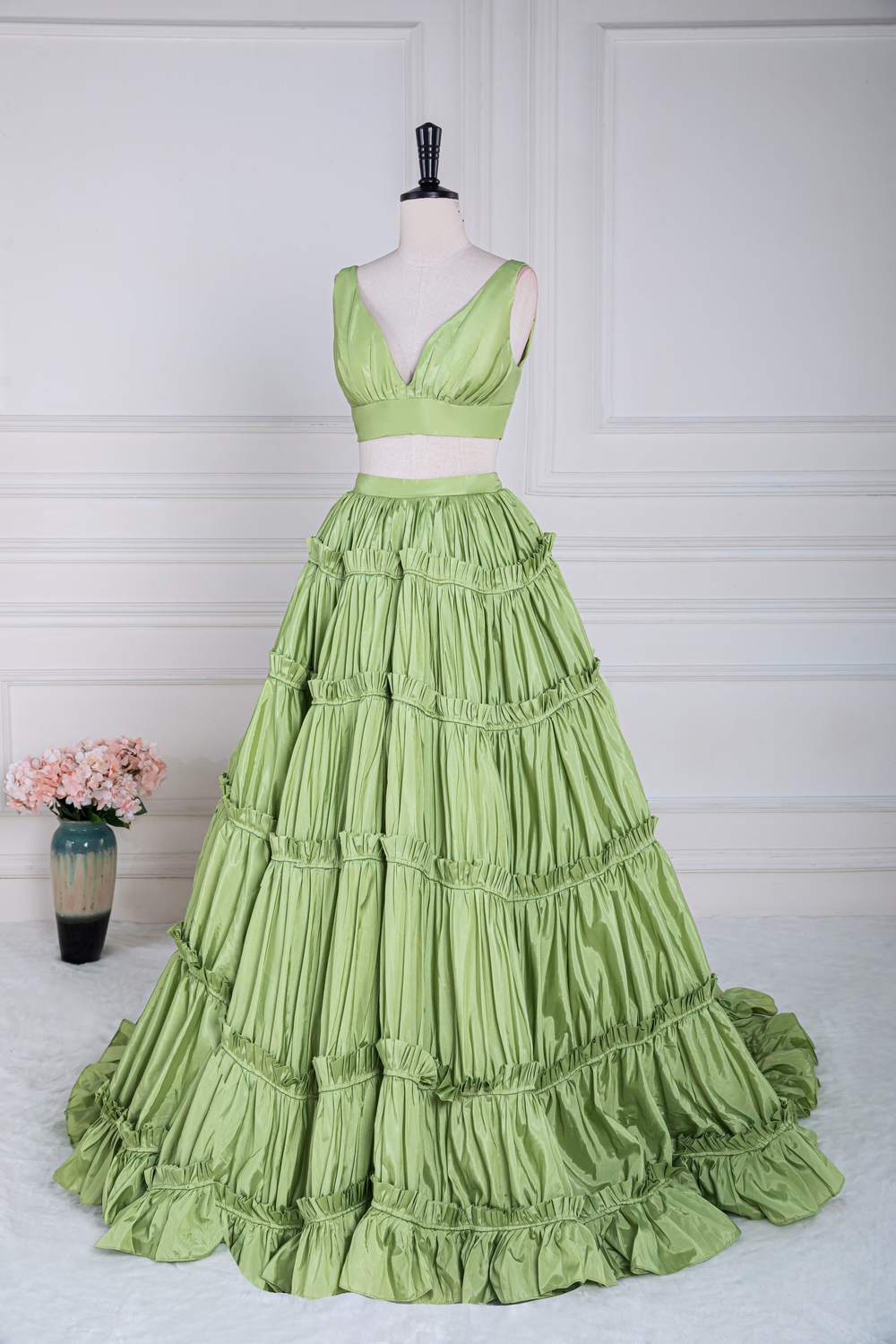 Two-Piece Green V-Neck Ruffle A-line Long Prom Dress