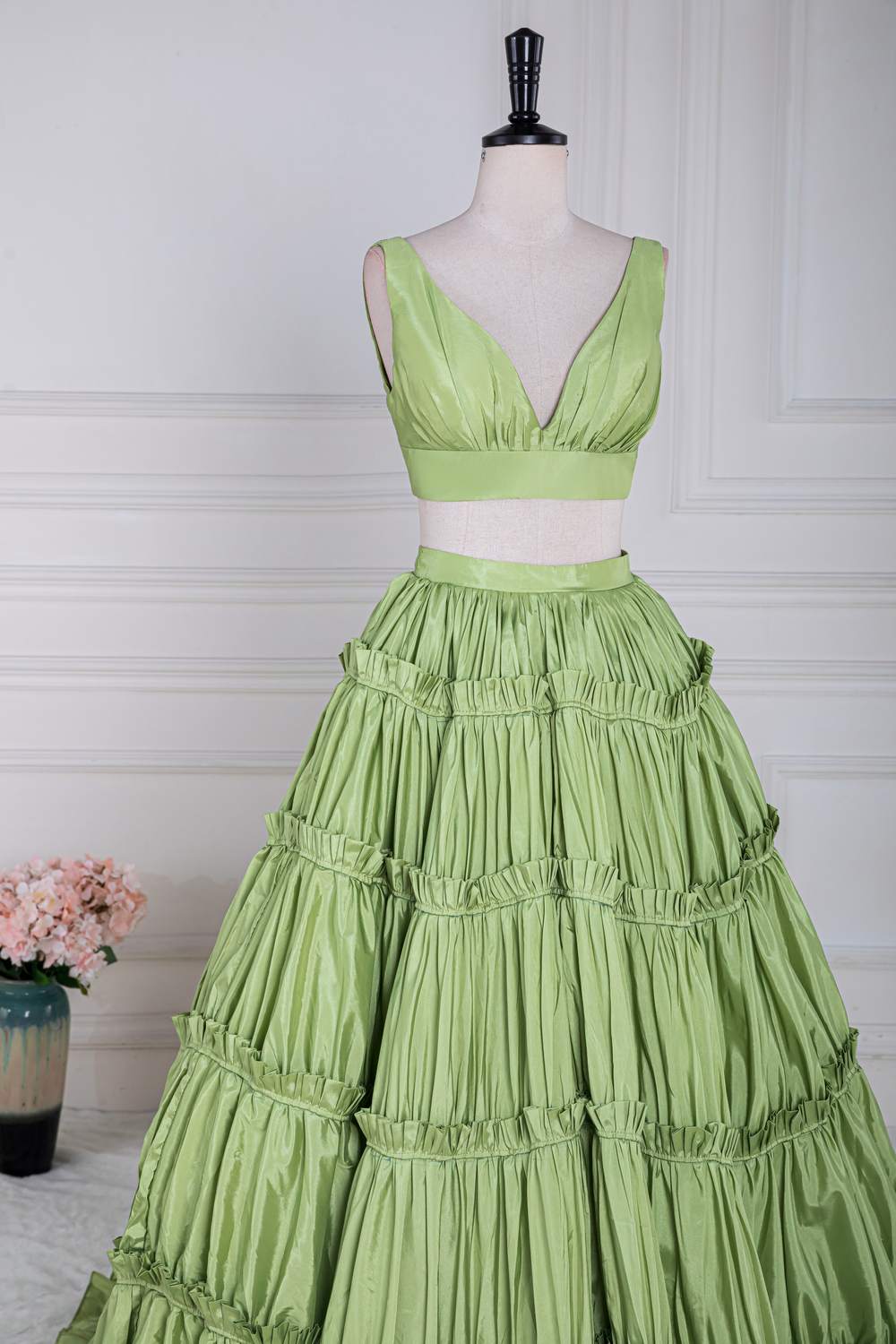 Two-Piece Green V-Neck Ruffle A-line Long Prom Dress