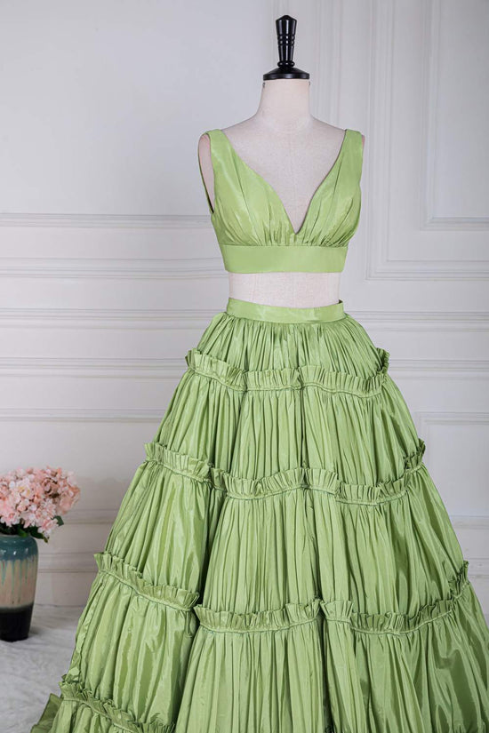 Two-Piece Green V-Neck Ruffle A-line Long Prom Dress