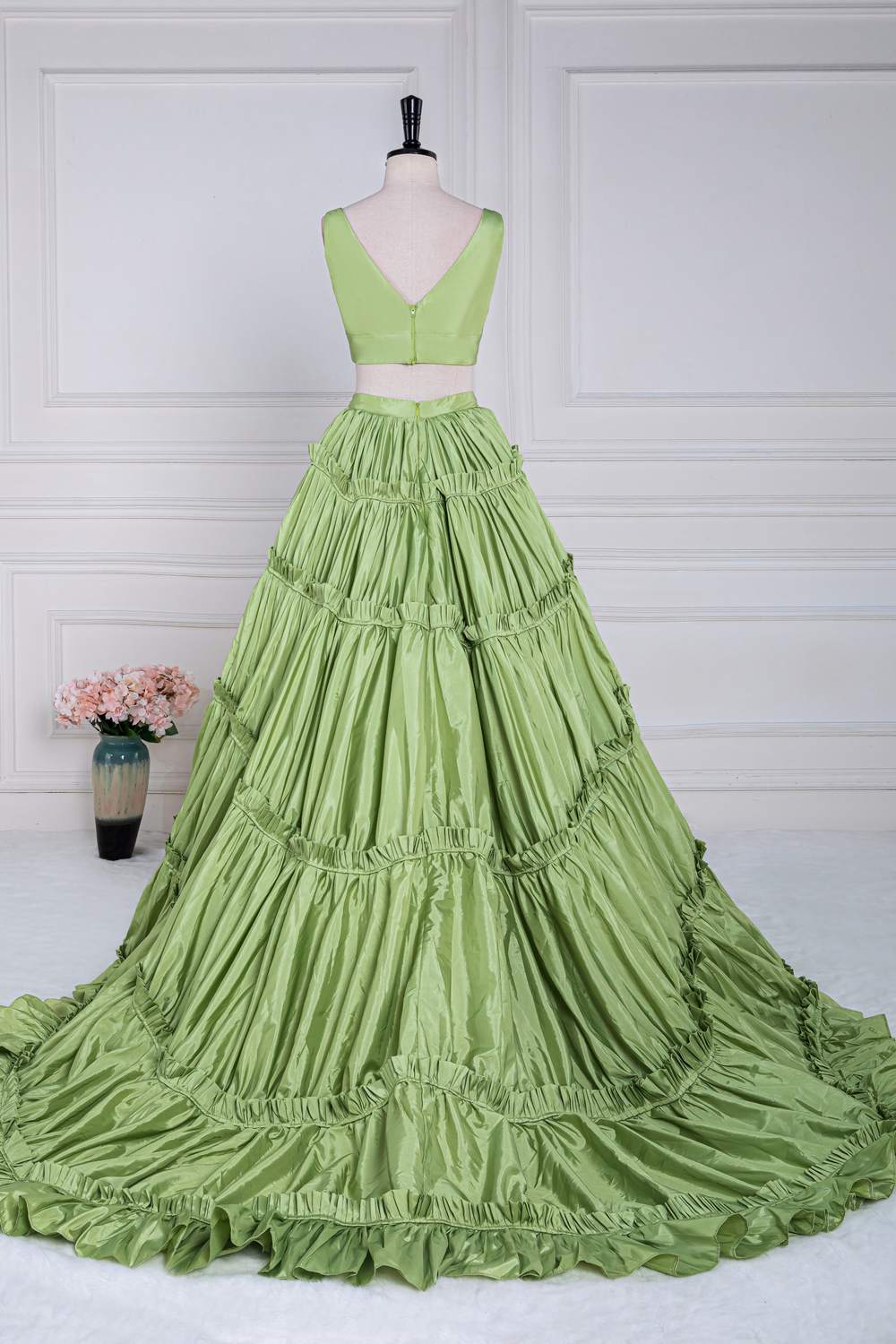 Two-Piece Green V-Neck Ruffle A-line Long Prom Dress