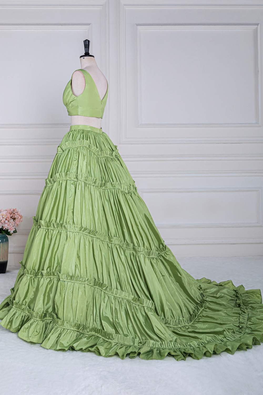 Two-Piece Green V-Neck Ruffle A-line Long Prom Dress