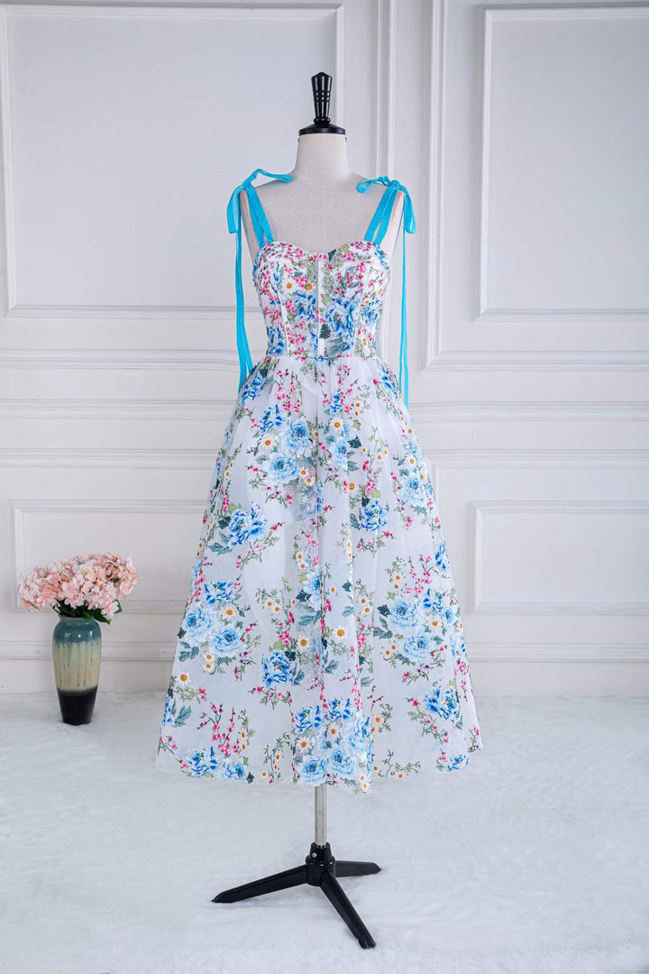 Bow Tie Straps Blue and White Floral Length Prom Dress