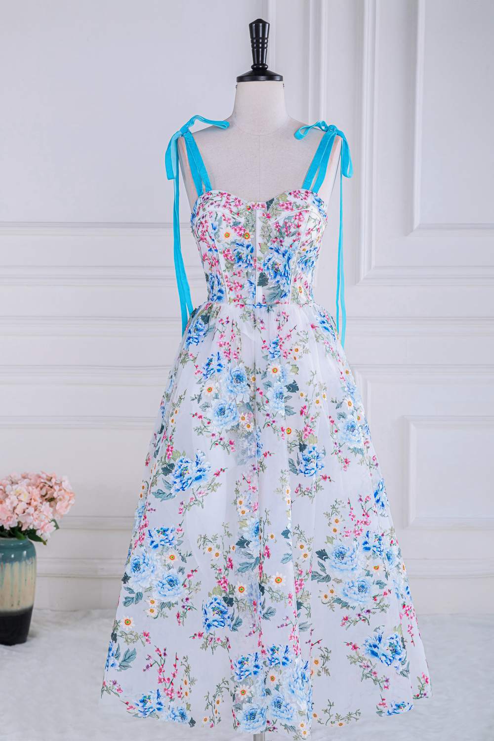 Bow Tie Straps Blue and White Floral Length Prom Dress