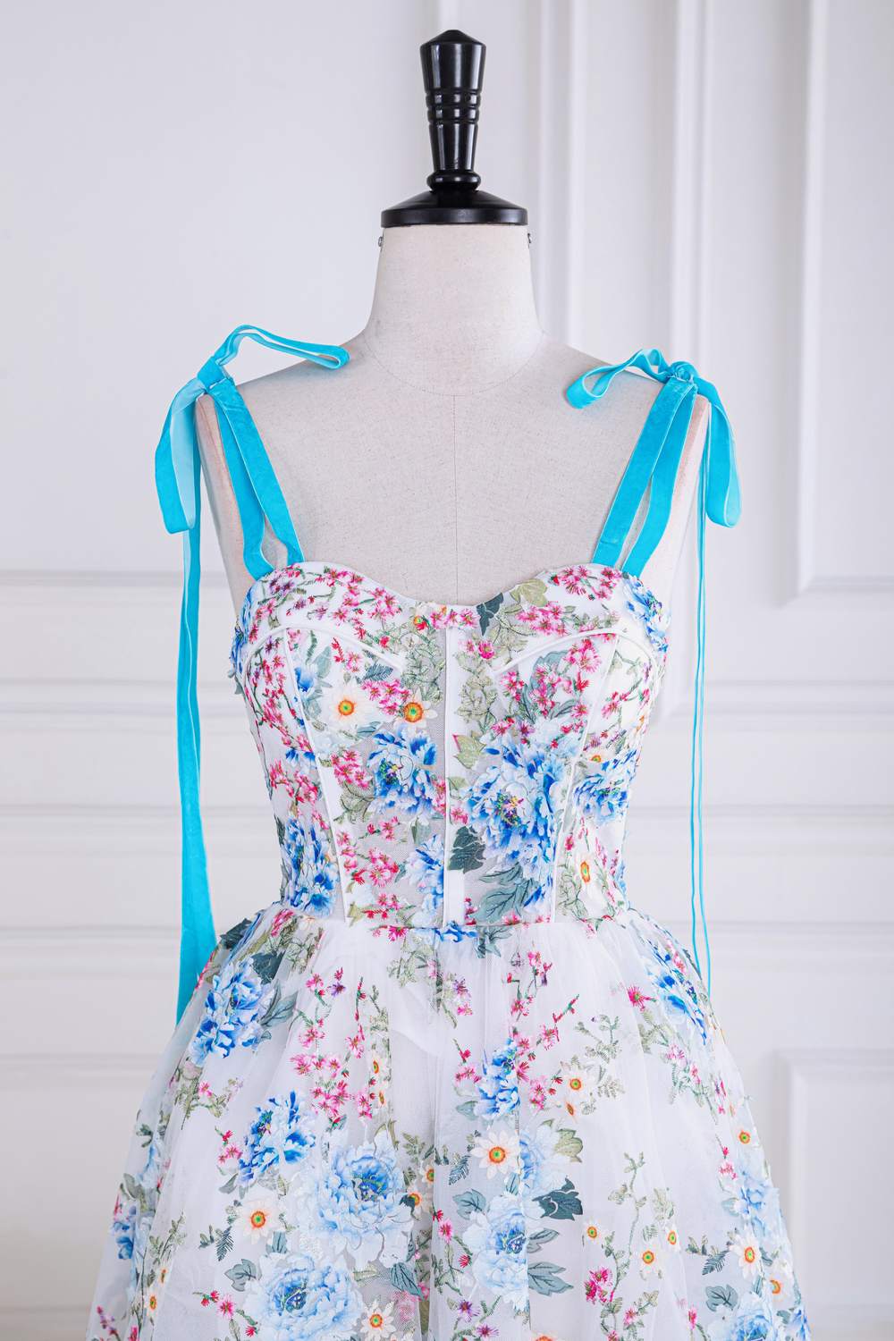 Bow Tie Straps Blue and White Floral Length Prom Dress