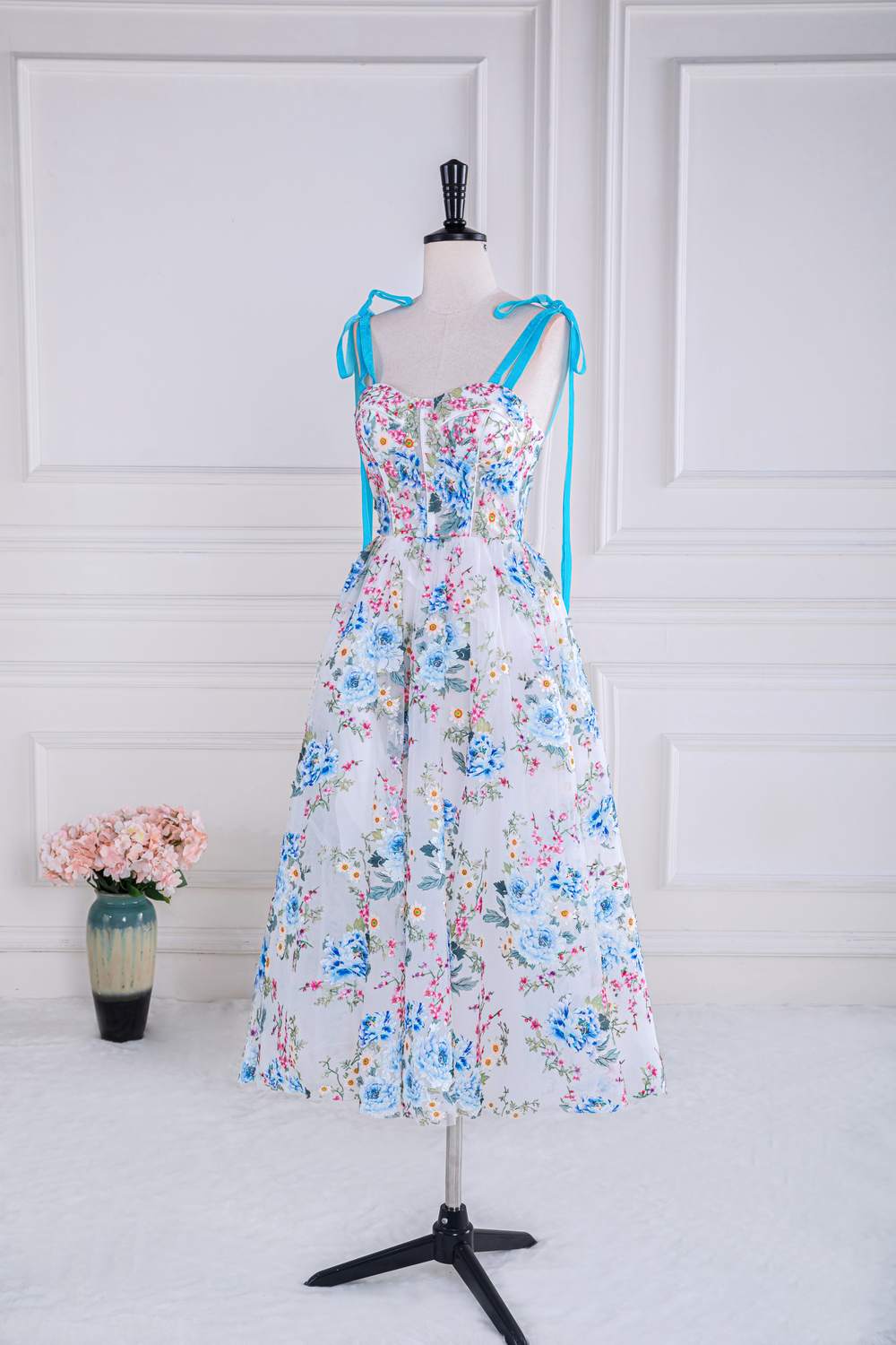 Bow Tie Straps Blue and White Floral Length Prom Dress Movousdress Bow Tie Straps Blue and White Floral Length Prom Dress Movousdress