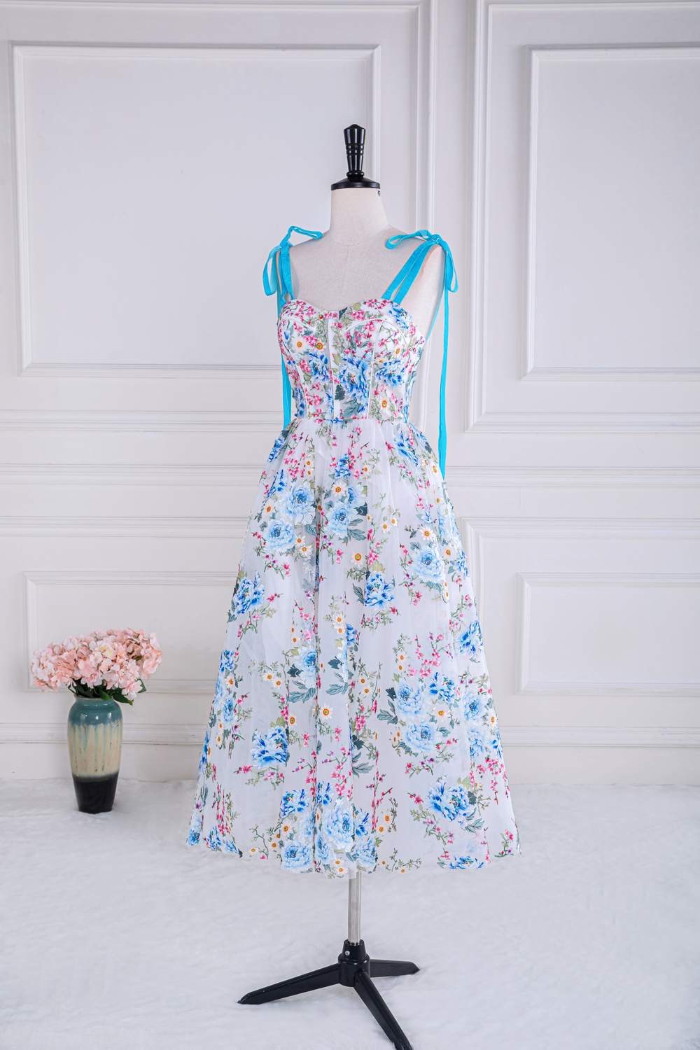 Bow Tie Straps Blue and White Floral Length Prom Dress