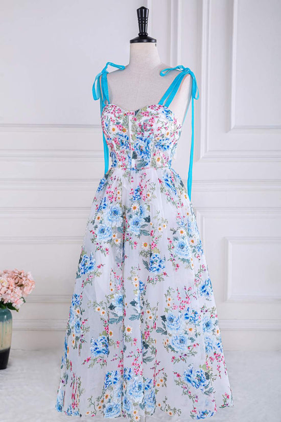 Bow Tie Straps Blue and White Floral Length Prom Dress