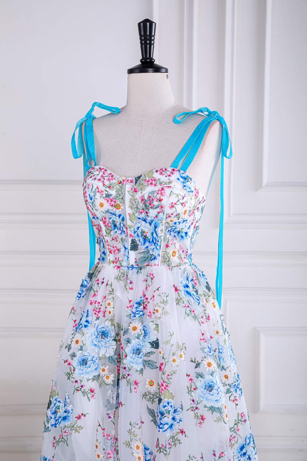 Bow Tie Straps Blue and White Floral Length Prom Dress