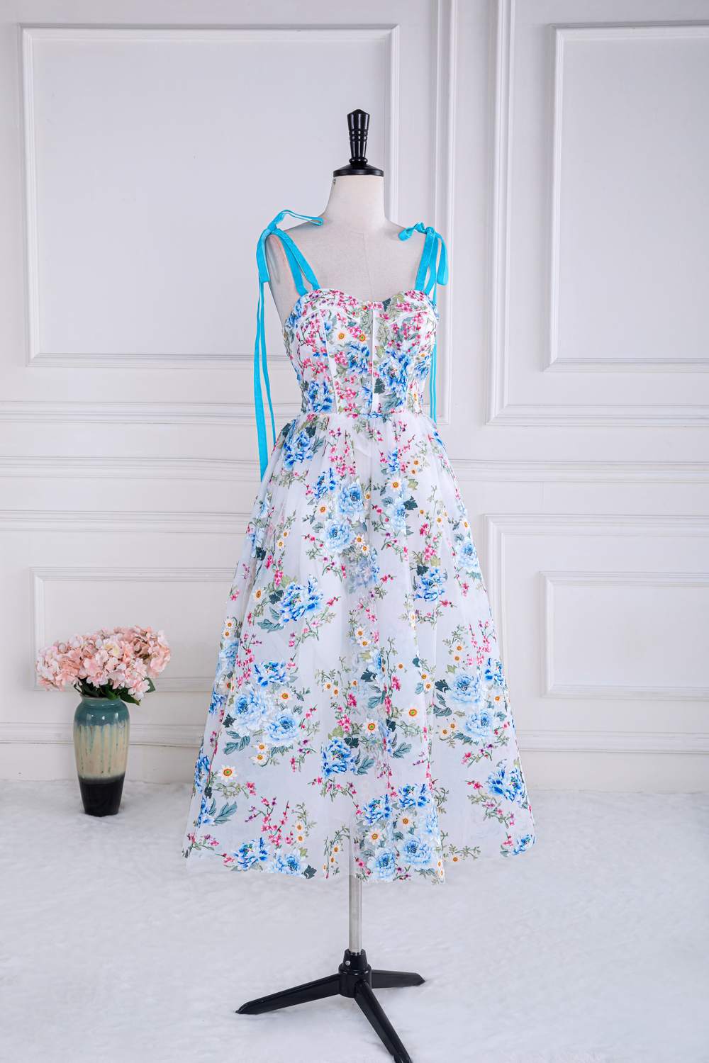 Bow Tie Straps Blue and White Floral Length Prom Dress