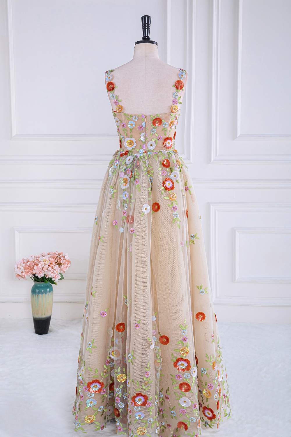 Straps Dusty Pink Tulle embroider A-line  Long Prom Dress