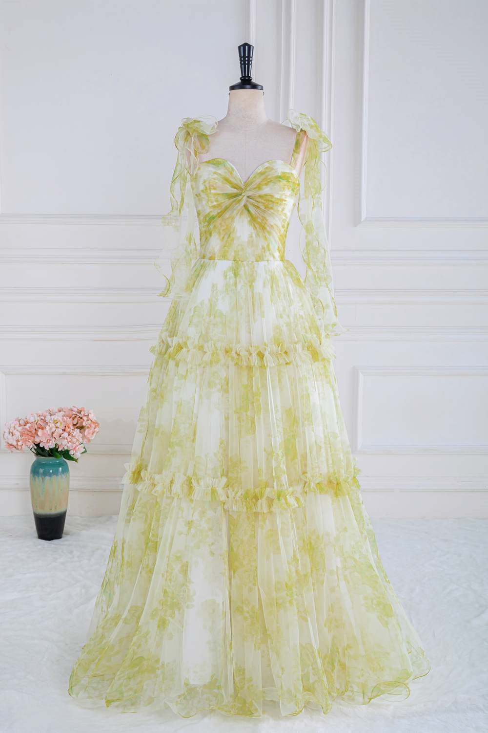 Bow Tie Straps Light Yellow Ruffled A-Line Floral Long Prom Dress