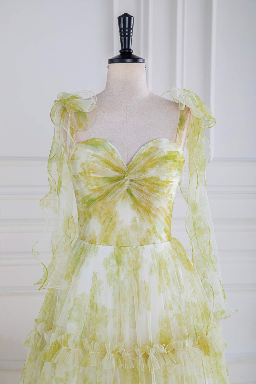 Bow Tie Straps Light Yellow Ruffled A-Line Floral Long Prom Dress