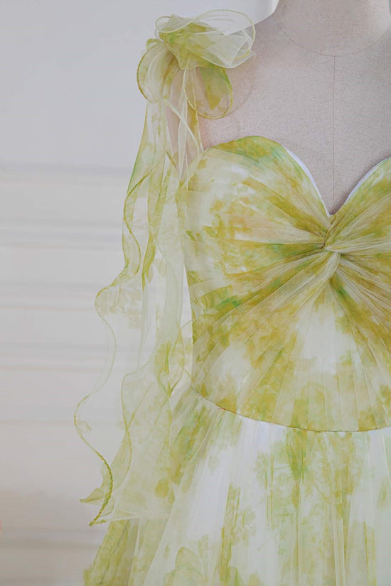 Bow Tie Straps Light Yellow Ruffled A-Line Floral Long Prom Dress