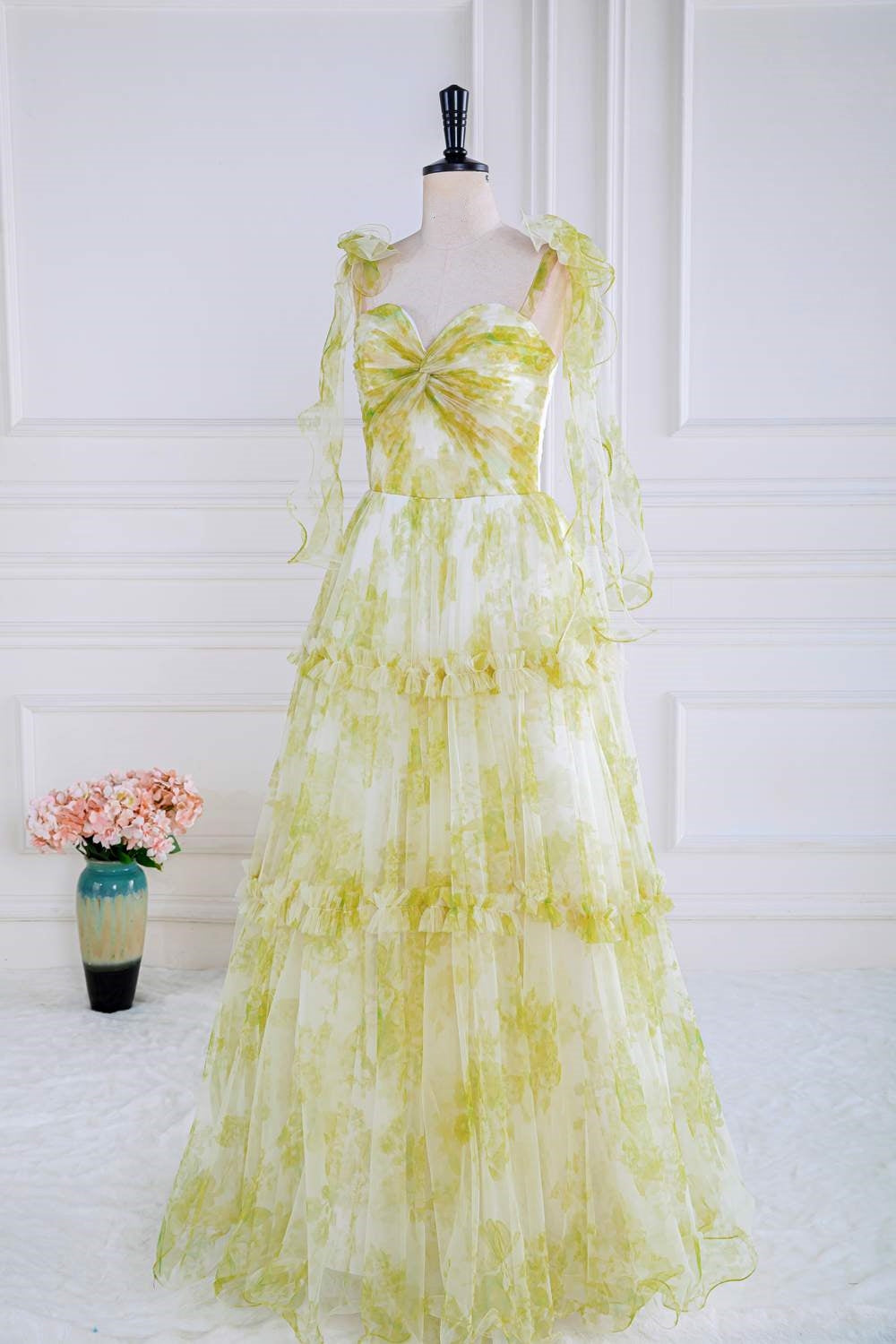 Bow Tie Straps Light Yellow Ruffled A-Line Floral Long Prom Dress