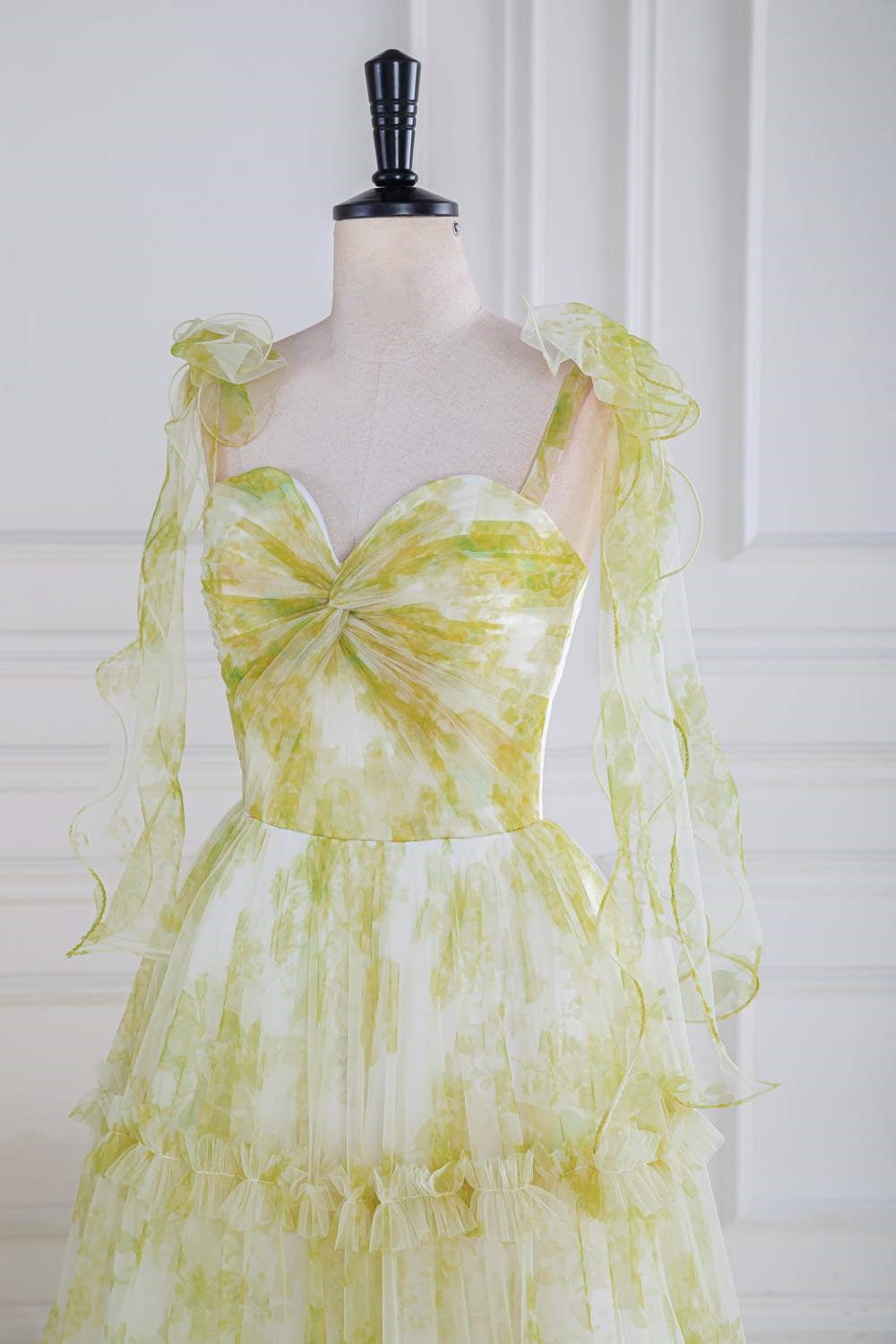 Bow Tie Straps Light Yellow Ruffled A-Line Floral Long Prom Dress