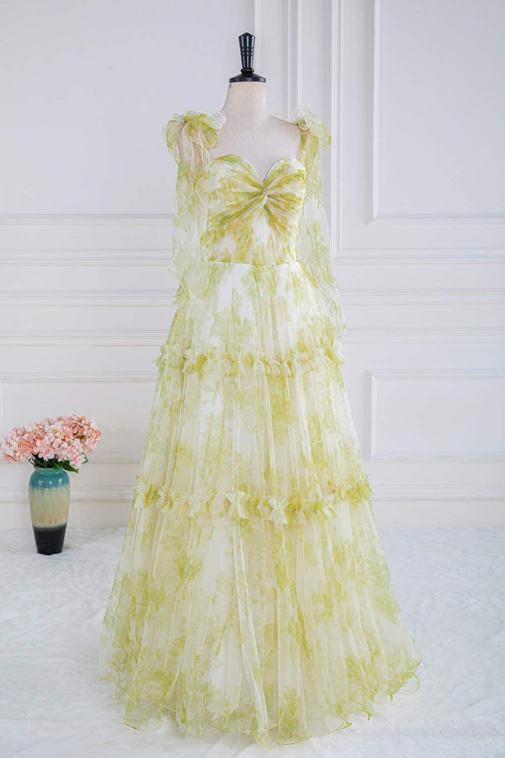 Bow Tie Straps Light Yellow Ruffled A-Line Floral Long Prom Dress