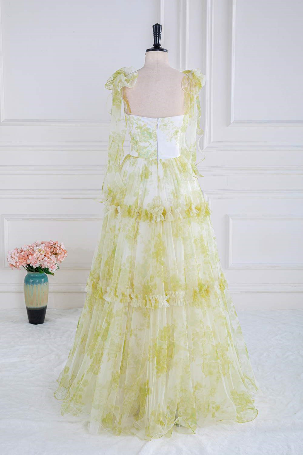 Bow Tie Straps Light Yellow Ruffled A-Line Floral Long Prom Dress