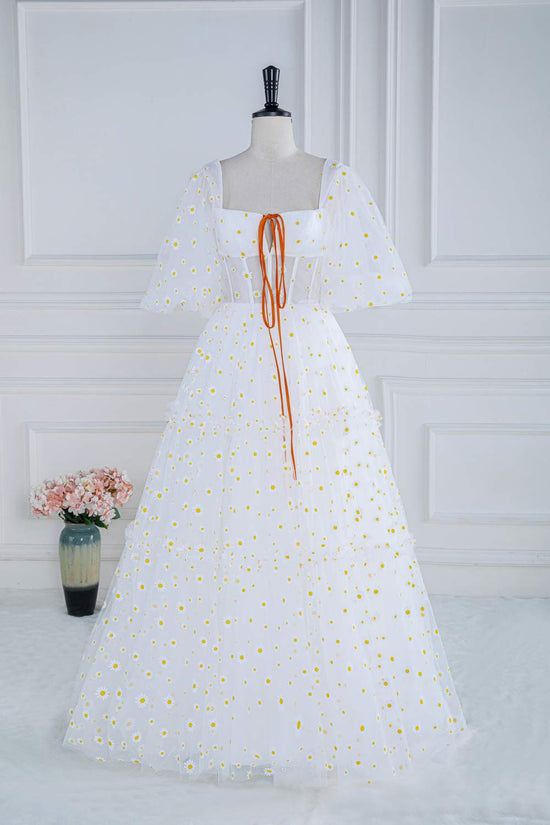 Daisy Embroideries White Puff Sleeves A-Line Long Prom Dress