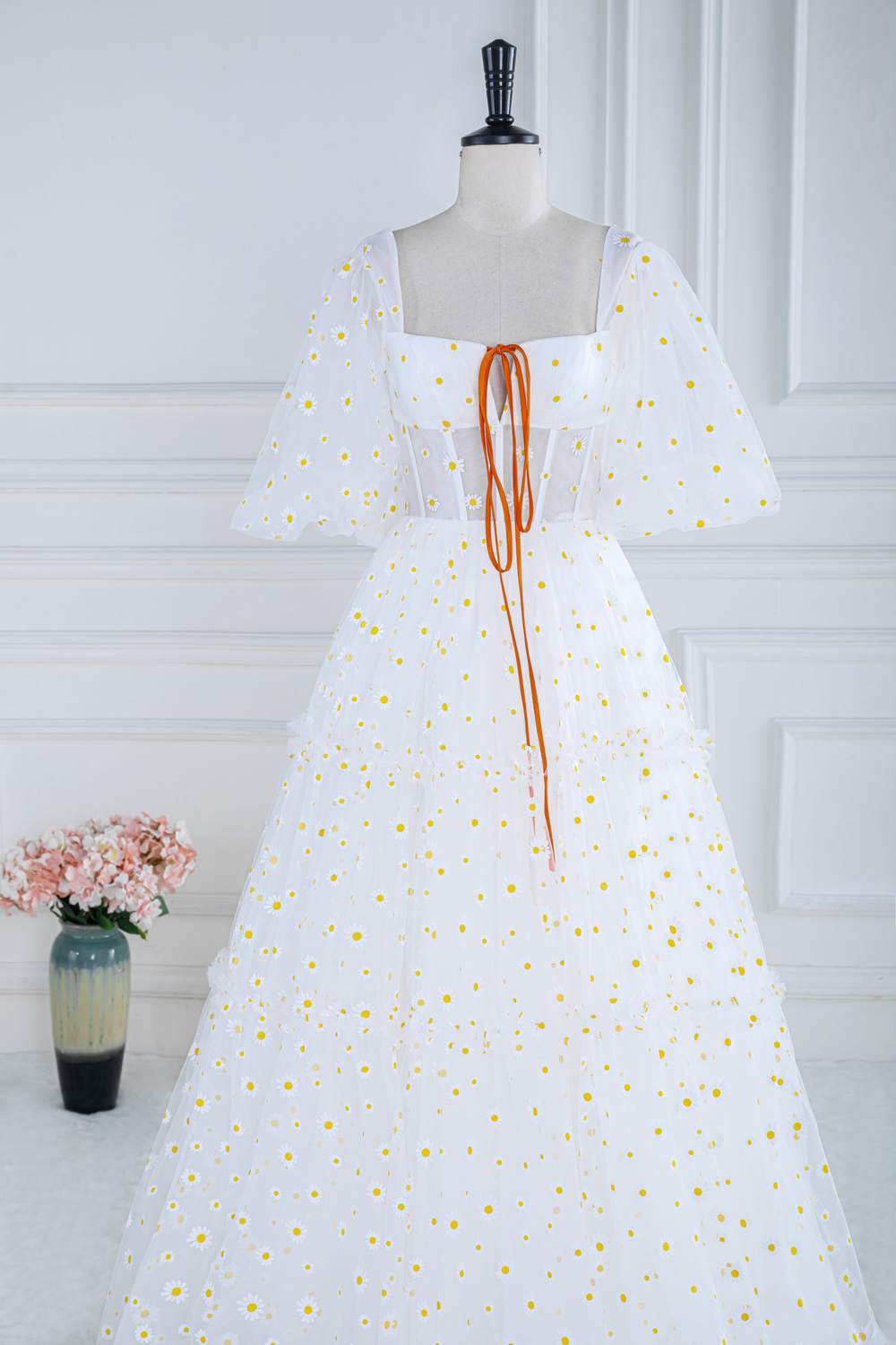 Daisy Embroideries White Puff Sleeves A-Line Long Prom Dress