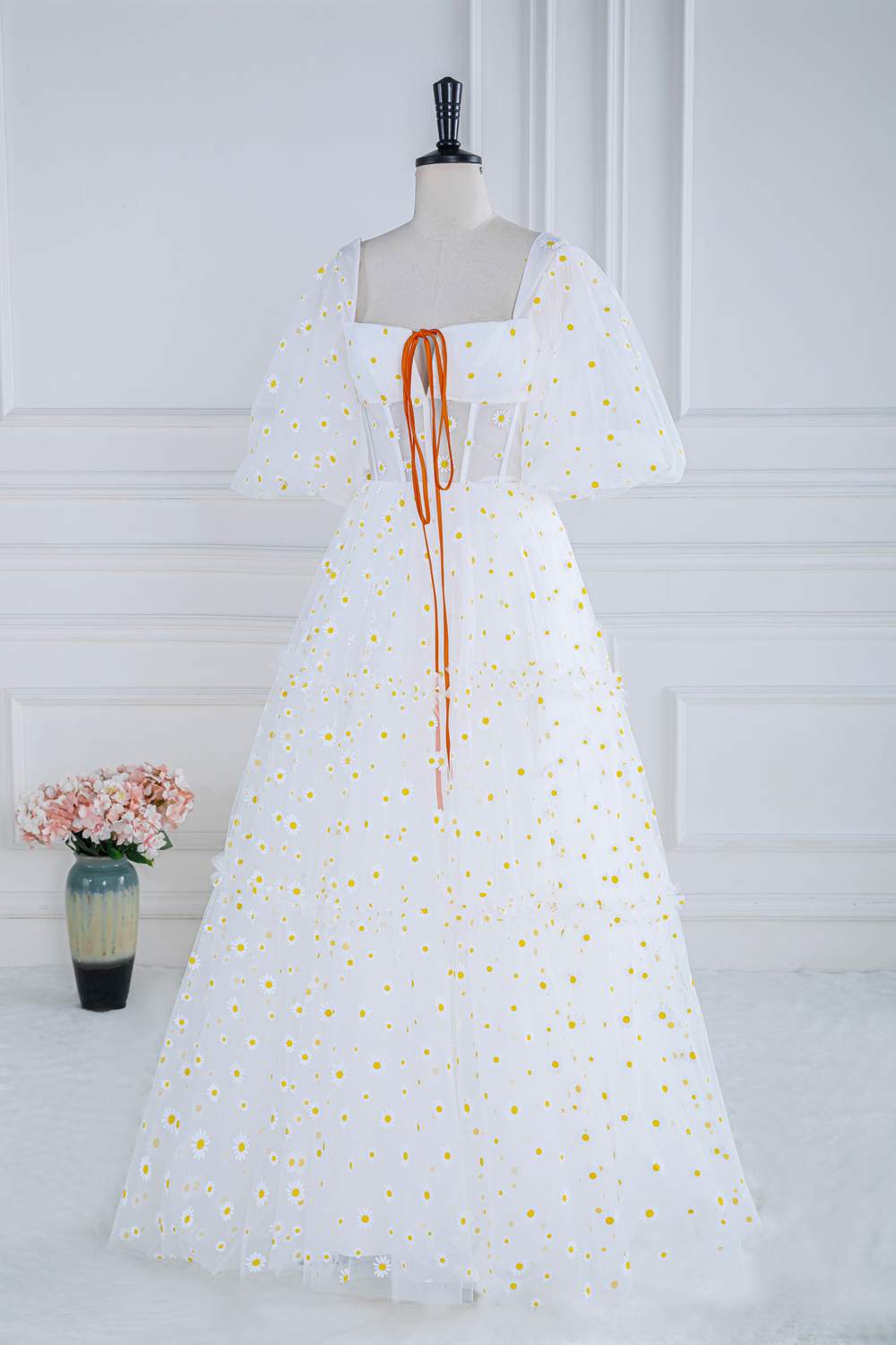 Daisy Embroideries White Puff Sleeves A-Line Long Prom Dress