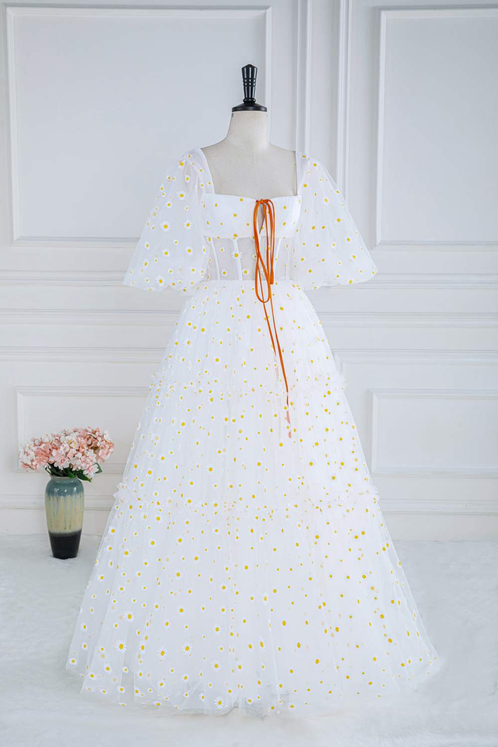 Daisy Embroideries White Puff Sleeves A-Line Long Prom Dress